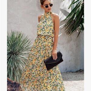 Floral Halter Maxi Dress - Yellow and Green